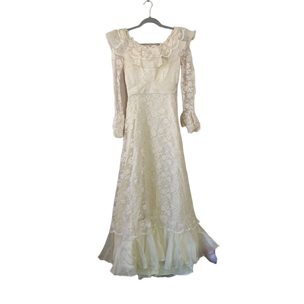 Vintage‎ 70s lace wedding dress long sleeve with hat veil size xsmall